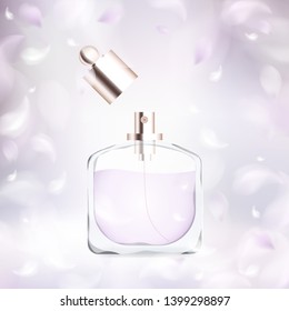 White spring background with cosmetics store product show, blurred flower petals and feathers vector illustration