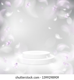 White spring background with show pedestal, blurred flower petals and feathers vector illustration