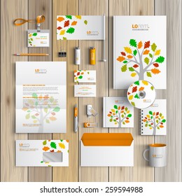 White spring corporate identity template design with color tree and leaves. Business stationery
