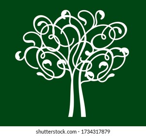White Spring decorative Tree of Life on green background. Silhouette shape with Leaves. Vector outline Illustration. Plant in Garden. Royalty free vector object.