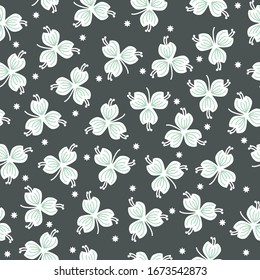 White spring flower seamless pattern for wallpaper, wrapping, textile, bags and bedsheet. Botanical endless fabric. Floral repeat texture for tile on dark color background.