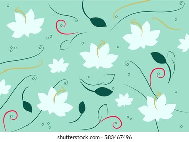 White spring flowers background with leaves, plant stems each flowers with a heart shaped pistil