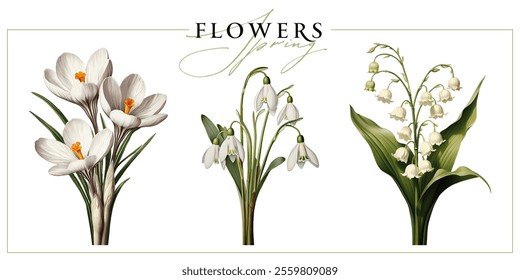 White spring flowers isolated on a white background. Vintage painting style illustration.	