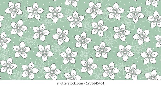 Flores de primavera blanca sobre un fondo verde con flores y puntos. Patrón de vectores sin fisuras para papel de embalaje, embalaje, envoltura, cubierta, banner, papel de pared del sitio web, impresión en tela, textil, ropa