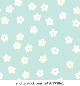 Flores de primavera blancas en una ilustración vectorial de fondo verde. Diseño para papel pintado, carteles, banners, tarjetas, impresión, web y embalaje.