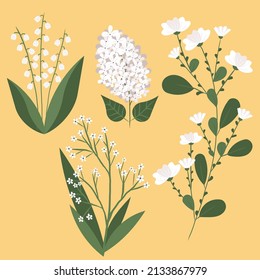 
White spring flowers on a yellow background. Flowers for holiday cards. Bouquet collection for decoration, invitation. Flat botanical elements. 