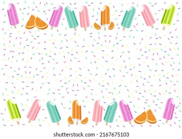 White sprinkles frame background, cute pastel popsicle ice-cream design vector. Menu template.