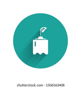White Sprout in bottle icon isolated with long shadow. Seed and seedling. Leaves sign. Leaf nature. Green circle button. Vector Illustration