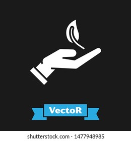 White Sprout in hand of environmental protection icon isolated on black background. Seed and seedling. Planting sapling. Ecology concept.  Vector Illustration