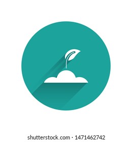 White Sprout icon isolated with long shadow. Seed and seedling. Leaves sign. Leaf nature. Green circle button. Vector Illustration