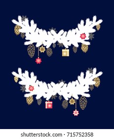 White spruce tree branches with christmas decoration, baubles on dark blue background