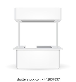 White Sqaure POS POI Blank Empty Advertising Retail Stand Stall Bar Display With Roof, Canopy, Banner. On White Background Isolated. Mock Up Template Ready For Your Design. Product Advertising Vector 