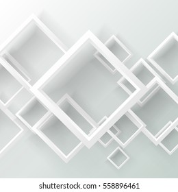White square abstract background on white with shadows. Paper Cut  rectangular. Geometric applique quadrate backdrop. Origami white frame.