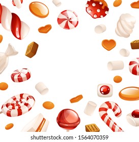 White square background with candies around the edges. Lollipops, toffee, marshmallows, caramel, canes and sticks. Vector illustration in cartoon style. Good for greeting cards design.