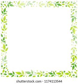 White square background with decorative frame of green leaves and dots for decoration, scrapbooking paper, sheet of book or notebook, wedding invitation, greeting card, text, family tree