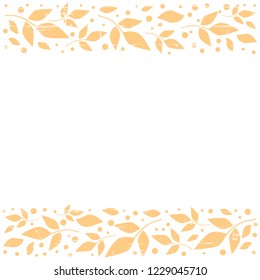 White square background with decorative stripes align top and below with orange leaves and dots for decoration, scrapbooking paper, sheet of book or notebook, wedding invitation, greeting card, text