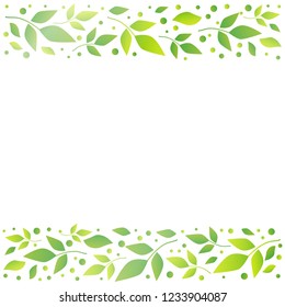 White square background with decorative stripes align top and below with green leaves and dots for decoration, scrapbooking paper,wedding invitation, greeting card, text,cover of book, notebook