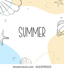 White square background in doddle style with marine pattern. Design for greeting card, invitation, banner, sale, advertising, poster, flyer.