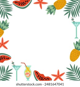 White square background frame of beach desserts - cocktails, pineapples with palm branches, monstera leaves and tropical flowers, starfish - vector flat illustration