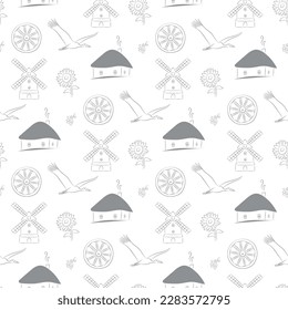 White square background with hand drawn Ukrainian village attributes, seamless pattern, white and gray background