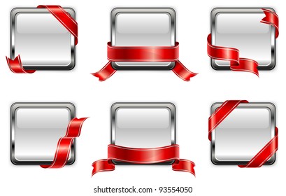 White square badge with red ribbon on white background, vector illustration