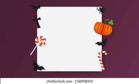 White square with bats, pumpkin, candy cane, smilingly and spider decoration isolated on background, Halloween concept illustration vector