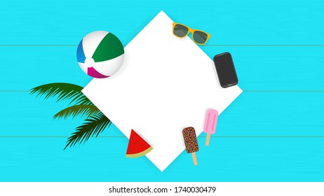 White square, Beach ball, Coconut leaf, Sunglasses, Mobile phone, Ice cream and Watermelon on Blue wooden plank background, Summer concept illustration vector