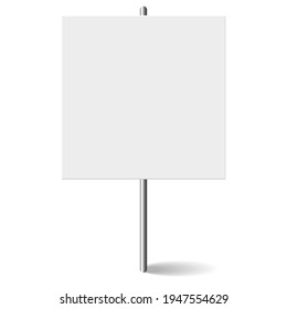 White square Blank banner mock up on metal stick. Protest placard, public transparency with metal holder. Protest sign isolated on white background