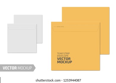 White square blank envelope with transparent window. Photo-realistic stationery mockup template with sample design. Vector 3d illustration.