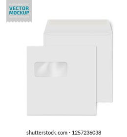 White Square Blank Envelope With Transparent Window. Photo-realistic Stationery Mockup Template. Vector 3d Illustration.