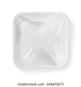 White Square Blank Styrofoam Plastic Food Tray Container. Vector Mock Up Template for your design