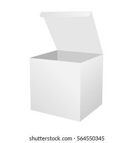 White Square Box With Lid. White Open Box With Cover. Mockup For Design. Vector Illustration