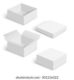 White square box vector templates set isolated on white background. Paper container for product and pack cardboard illustration