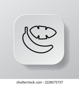Botón cuadrado blanco con icono de línea de plátano, banana de contorno negro en la placa blanca. Ilustración vectorial de símbolo plano aislada en fondo blanco. Concepto de nutrición saludable