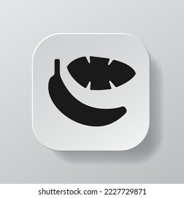 White square button with banana outline icon, black banana on the white plate. Flat symbol sign vector illustration isolated on white background. Healthy nutrition concept