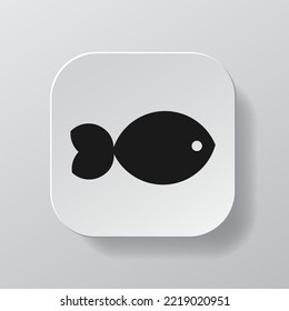 White square button with fish outline icon, blackfish on the plate. Flat symbol sign vector illustration isolated on white background. Healthy nutrition concept