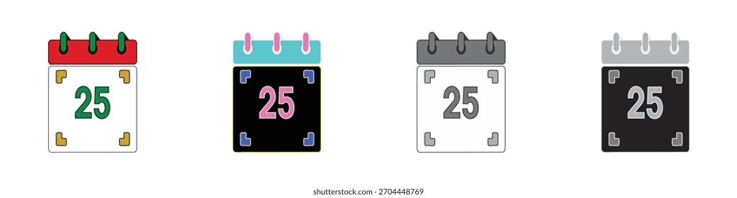 White square calendar with red top header and green “25,” clean outline. Flat, cartoon, modern minimal multiple style.