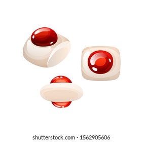 White square candies with red berry jam. Sweets. Vector illustraion on white background in cartoon style