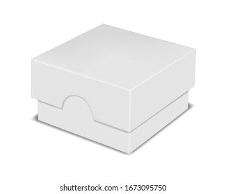 Caja de cartón cuadrado blanco con tapa de elevación, burla vectorial realista. Mochila de embalaje de papel blanco.