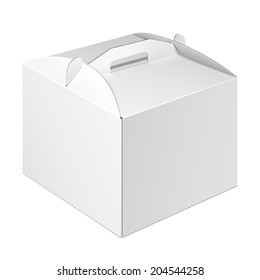 White Square Cardboard Cake Carry Box Packaging For Food, Gift Or Other Products. On White Background Isolated. Ready For Your Design. Product Packing Vector EPS10