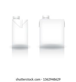 White square carton box with white screw lid for milk, juice, coffee, tea, coconut milk or dairy product mockup. Isolated on white background. Ready to use for beverage business. Vector illustration.
