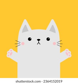 White square cat ready for a hugging. Kitty reaching for a hug. Open hand pink paw print. Funny Kawaii animal. Cute cartoon baby character. Pet collection. Flat design Yellow background. Vector