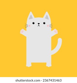 White square cat ready for a hugging. Kitty standing reaching for a hug. Open hand paw print. Funny Kawaii animal. Cute cartoon baby character. Pet collection. Flat design Yellow background. Vector