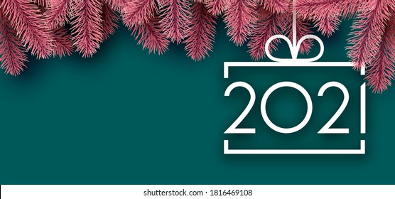 White square christmas tree toy with 2021 sign hanging on ribbon with bow. Pink spruce branches and green background. Vector holiday illustration.