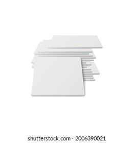 White square coaster stack - realistic blank mockup of stacked cardboard pads for cup protection isolated on white background. Vector illustration.