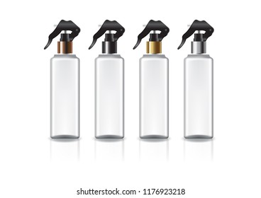 White square cosmetic bottle with 4 colors spray head for beauty or healthy product. Isolated on white background with reflection shadow. Ready to use for package design. Vector illustration.