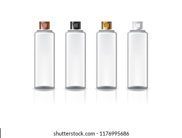 White square cosmetic bottle with 4 colors cap lid for beauty or healthy product. Isolated on white background with reflection shadow. Ready to use for package design. Vector illustration.