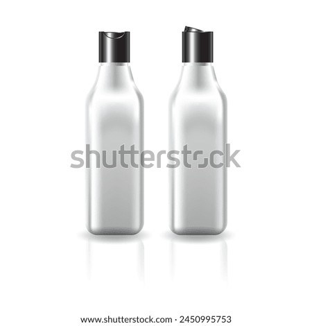 White square cosmetic bottle with black push on cap for beauty or healthy product mockup template. Isolated on white background with shadow. Ready to use for package design. Vector illustration.