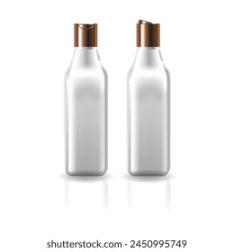 White square cosmetic bottle with copper push on cap for beauty or healthy product mockup template. Isolated on white background with shadow. Ready to use for package design. Vector illustration.