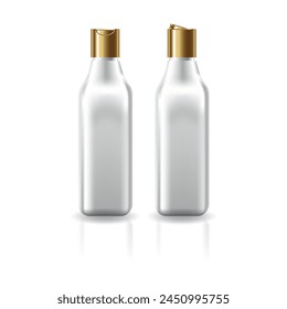 White square cosmetic bottle with gold push on cap for beauty or healthy product mockup template. Isolated on white background with shadow. Ready to use for package design. Vector illustration.